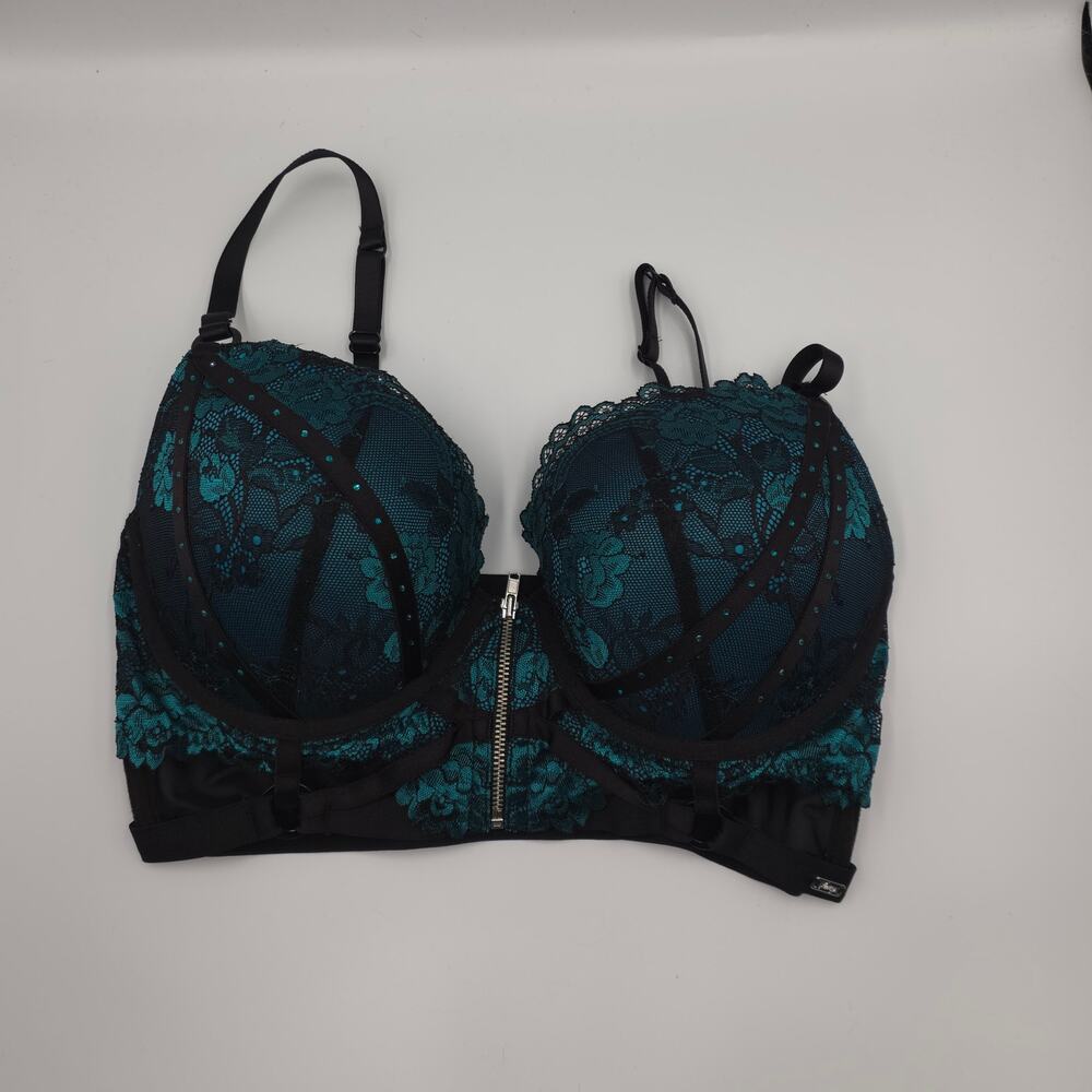 Vamp by Bras N Things Teal Lace Front Zip Push Up Longline Bra 34DD